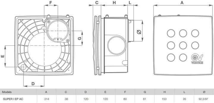 Actual product image Vortice Quadro Super EP AC THCS UP shaft fan up to 285 m³/h
