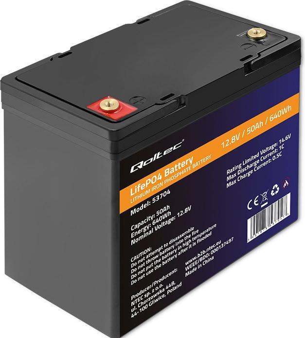 Actual product image Qoltec 53704 LiFePO4 lithium iron phosphate battery | 12 8V | 50Ah | 640Wh | BMS (12.80 V, 50 Ah)