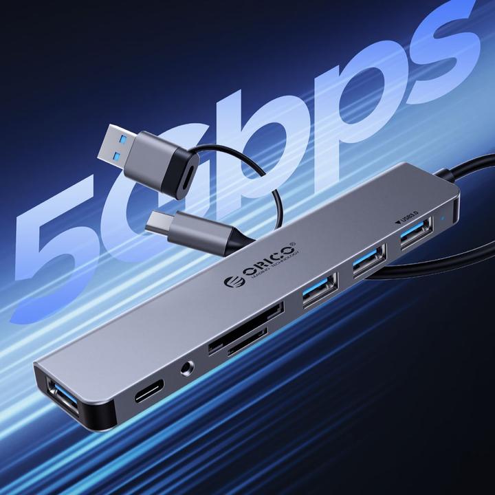 Produktbild Orico Converter YSA2-U3 USB-A/USB-C Hub Docking Station 1x USB-A 3.0 + 6x USB-A 2.0 - Gray (USB-A, 7 Ports)