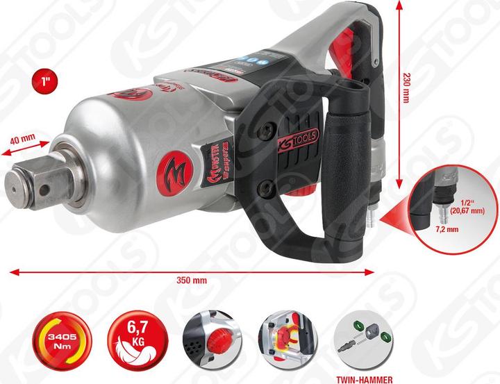 Actual product image KS Tools 1" superMONSTER high performance air impact wrench, 3405 Nm, length 350 mm (Air blast)