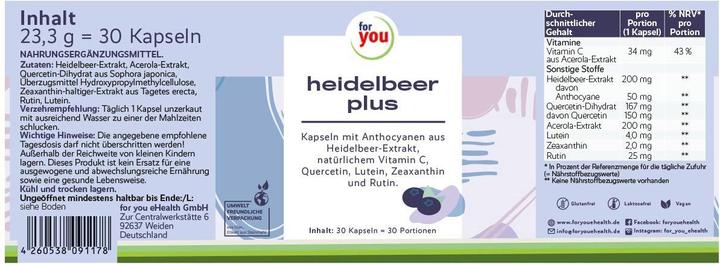 Nährwerte und Zutaten For You heidelbeer plus (30 Stück, Kapseln)