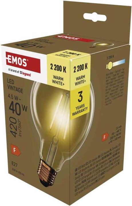 Image du produit Emos Lampe LED Vintage G95 / E27 / 4,5 W (40 W) / 420 lm / Blanc chaud (E27, 4.50 W, 420 lm, 1 x, F)