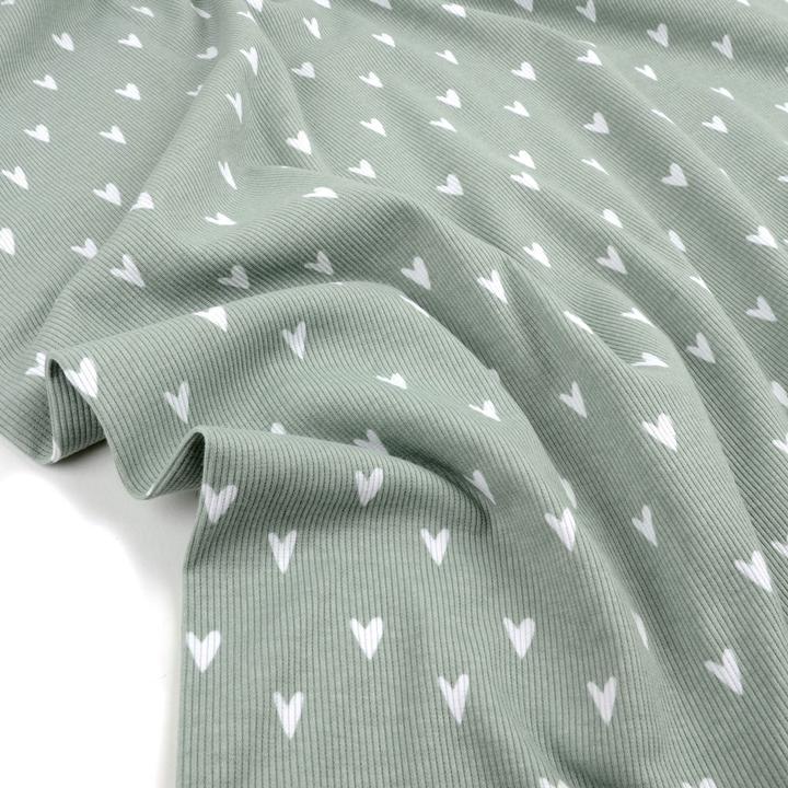 Image du produit Würfel & Mütze Tygdrömmar Jersey côtelé bio Coeurs Sage
