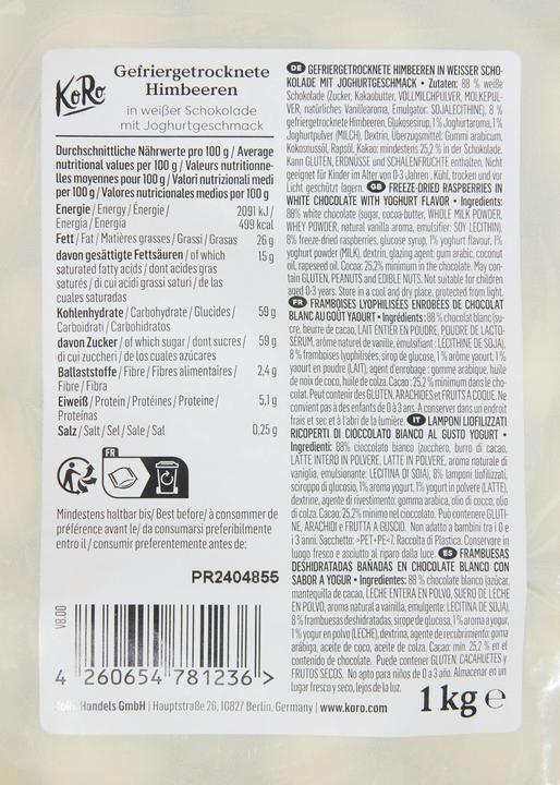 Nutritional values and ingredients KoRo Freeze-dried raspberries in white chocolate (1000 g)
