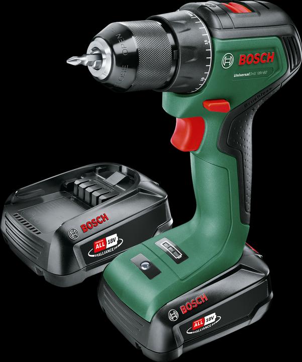 Karton, 1x Ladegerät AL 18V-20, 2x Akkupacks PBA 18V 2.0Ah W-B, 1x Schrauberbit, 1x Akkuschrauber UniversalDrill 18V-60