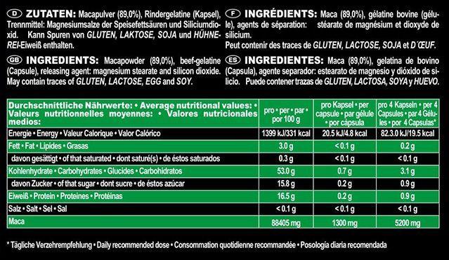 Nährwerte und Zutaten IronMaxx Maca Origin 1300 Tricaps® (260 Kapseln à 1460mg (Tricaps®) (260 Stück, Kapseln)