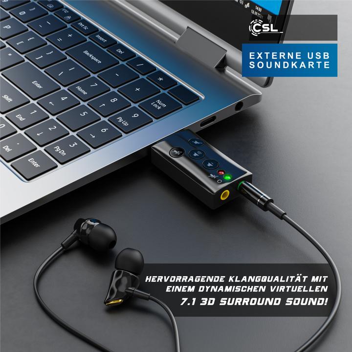 Actual product image CSL USB sound card Virtual 7.1 Surround Sound, external, function buttons, Dynamic 3D, black (USB 2.0)