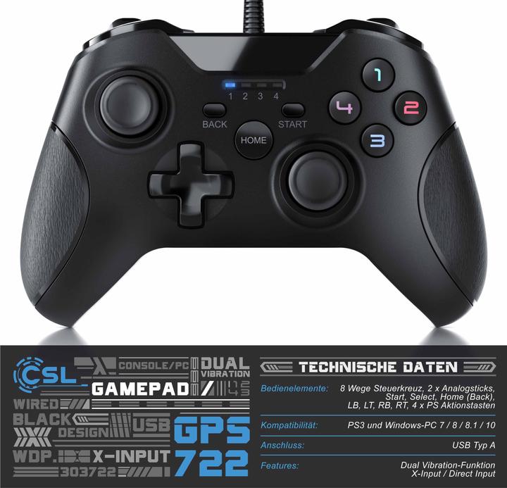 Produktbild CSL Gamepad, Gaming Controller für PC, PS3, Playstation im Xbox-Design, hochwertige Analogsticks (PC)