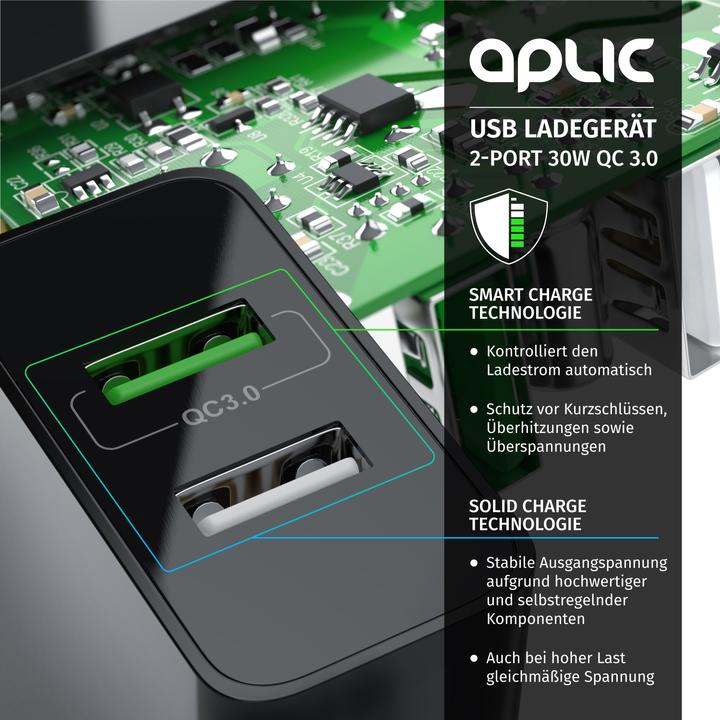 Produktbild Aplic USB Ladegerät 3000 mA, 2 Port, 30W, Quick Charge 3.0 (QC 3.0) Schnelladefunktion, schwarz (30 W)