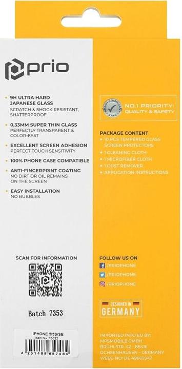 Image du produit prio 10x verre de protection d'écran pour iPhone 5/5S/SE transparent (10 pièce(s), Apple iPhone 5s, Apple iPhone SE, Apple iPhone 5)