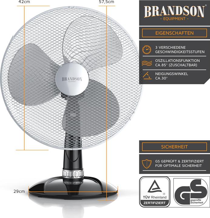 Produktbild Brandson Tischventilator, 42 cm Ø, Neigungswinkel 30°, Oszillation ca. 85°, Ventilator 50W, schwarz/silber (54 dB)