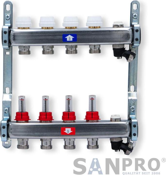 Immagine prodotto Sanpro Collettore per riscaldamento a pavimento in acciaio inox - Topmeter per 4 circuiti di riscaldamento