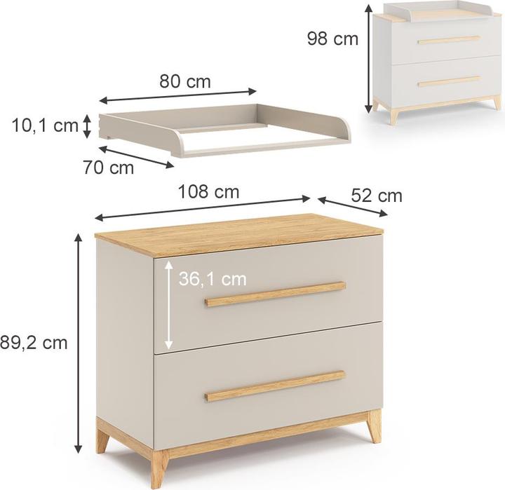 Produktbild VitaliSpa Wickelkommode Malia, Cashmere-Eiche, 108 x 98 cm mit 2 Schubladen