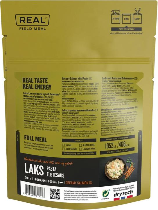 Nutritional values and ingredients REAL Field Meal Salmon with Pasta and Cream Sauce (Gentleness, 1 pcs., 150 g)