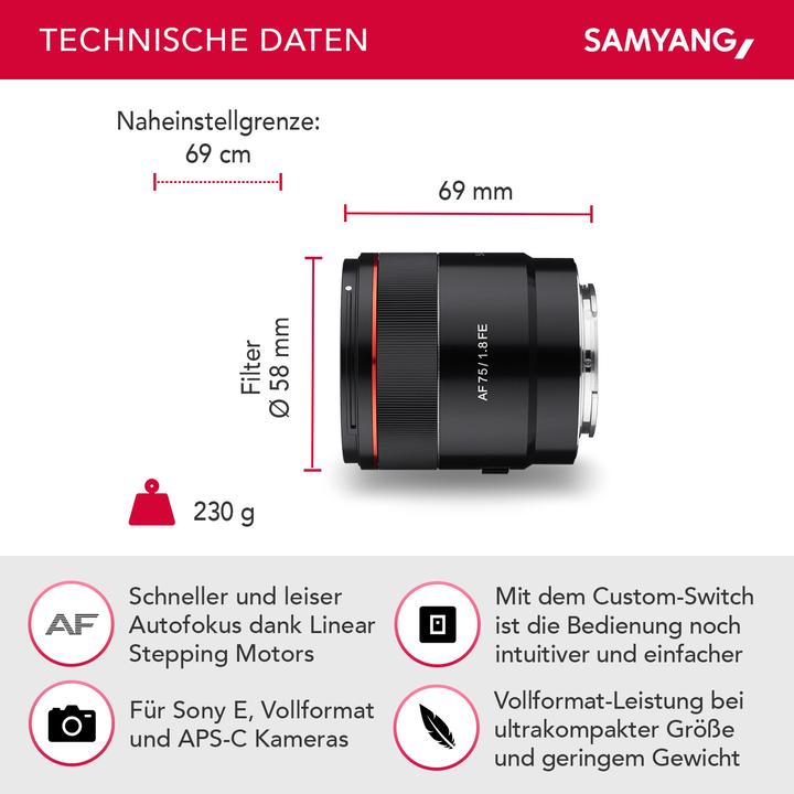 Actual product image Samyang AF 75mm f/1.8 FE, Sony E (Sony E, full size)