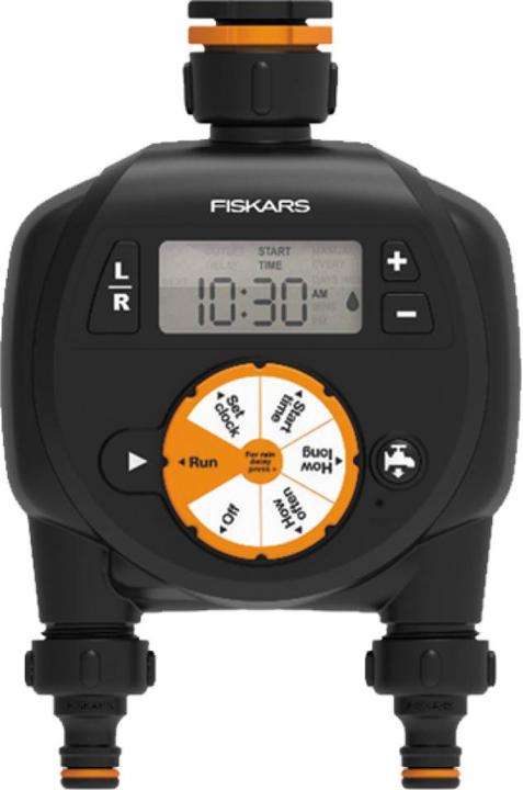 Produktbild Fiskars Zeitschaltuhr/Timer mit 2 Ausgängen, Für alle gängigen Wasserhahngrössen, Leicht ablesbares L (Bewässerungsuhr)