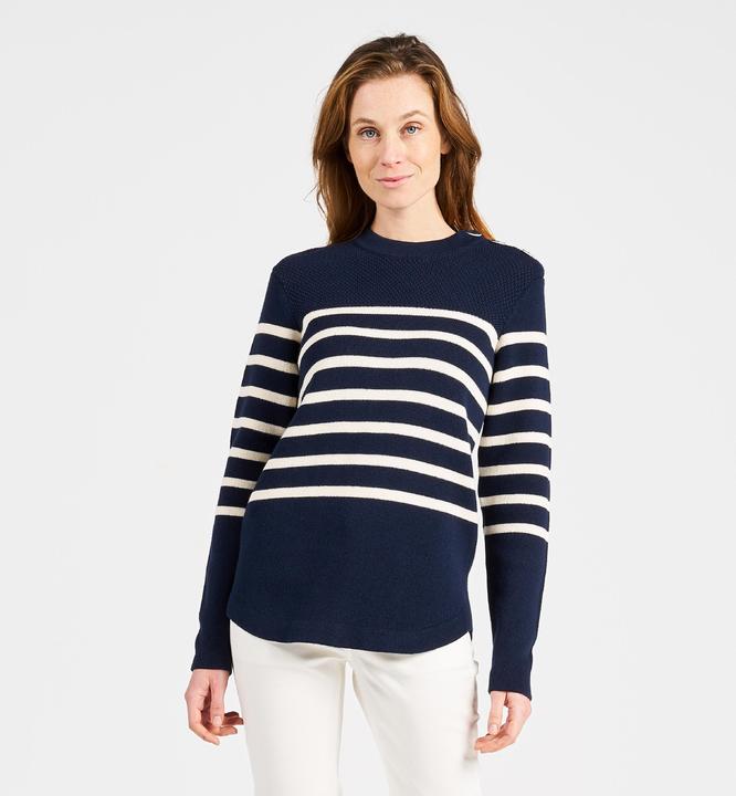 Tribord Women’s knitted sailing pullover, 100 navy blue with beige stripes