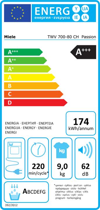 Label énergétique Miele TWV 700-80 CH Passion (9 kg, Gauche, Fiche CH)
