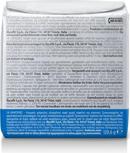 Valeurs nutritives et ingrédients Illy Décaféiné (18 x Port.)