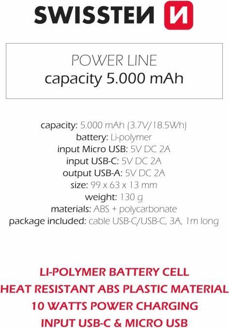 Productafbeelding Swissten KRACHTBANK 5000 mAh 10W (5000 mAh, 10 W, 10 Wh)