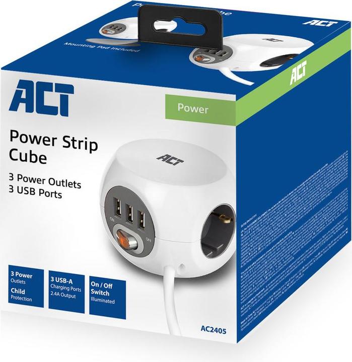 Produktbild Power socket cube (PDU) with 3 sockets type F, 3 USB-A ports, 1.5m