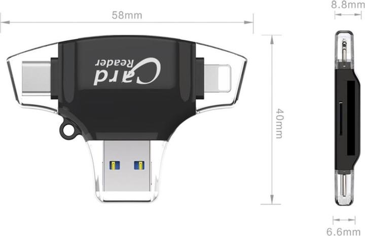 Actual product image Apfelkiste 4in1 mini card reader for SD/MicroSD - Lightning, USB C & Micro USB (Black)