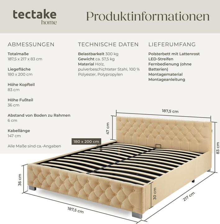 Produktbild tectake Polsterbett mit LED-Leisten & Stauraum (180 x 200 cm)