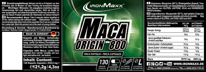 Valori nutrizionali e ingredienti IronMaxx Maca Origin (130 Pezzo/i, Pillole, 120 g)