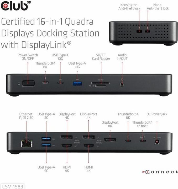 Image du produit Club 3D Station d'accueil Club3D Thunderbolt4 16-en-1 4 écrans St/Bu retail (Thunderbolt, 16 Ports)
