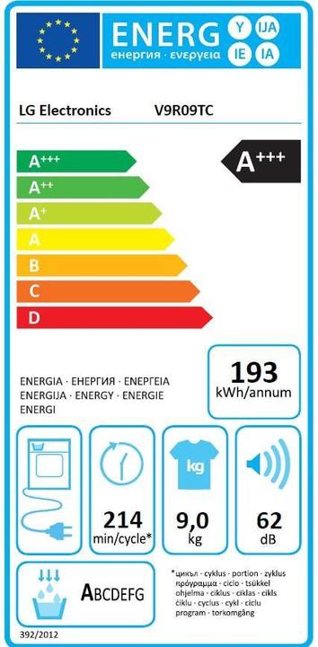 Etichetta energetica LG V9R09TC (9 kg, Modificabile, A destra, Spina UE)