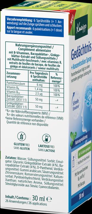 Nährwerte und Zutaten Kneipp Gedächtnis + Konzentration Spray (1 Stück, Spray)