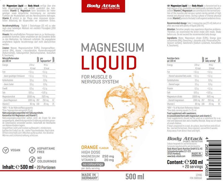 Nutritional values and ingredients Body Attack Magnesium Liquid (500ml) (1 Piece, Liquid)