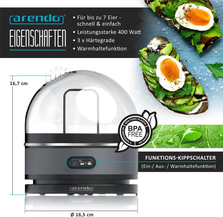 Actual product image Arendo Stainless steel egg boiler 7-fold, 400 W, stainless steel, keep warm function, hardness adjustable