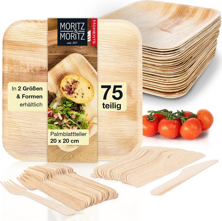 Immagine prodotto Moritz & Moritz Palmblattgeschirr 2er Set 150 tlg Eckig 20cm mit Besteck (150 x)