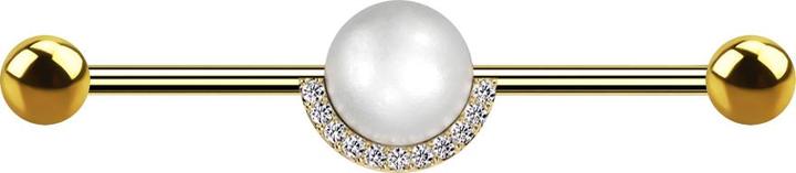 Actual product image Star Piercing Gold-plated barbell with two gold-plated pearl beads silver crystals silver (Surgical steel 316L, Brass)