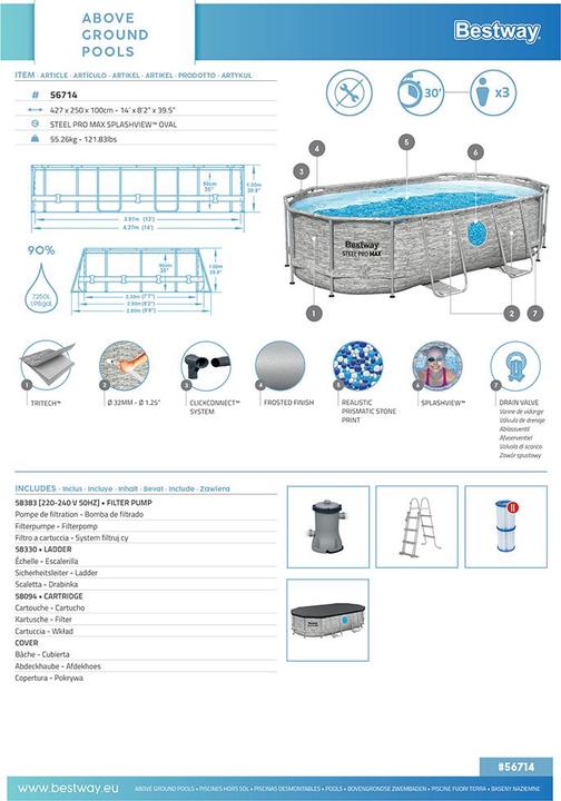 Produktbild Bestway Steel Pro MAX Splashview Frame P ool Komplett-Set mit Filterpumpe 427x250 (427 x 250 x 100 cm)
