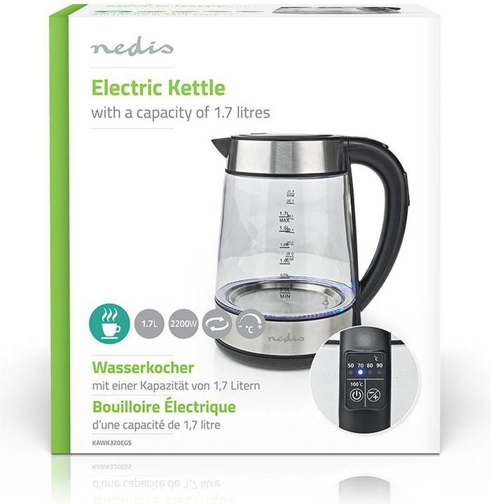 Actual product image Nedis Kettle - Glass housing - Temperature display - Variable temperatures (60, 70, 80, 90, 100 (1.70 l, EU plug)