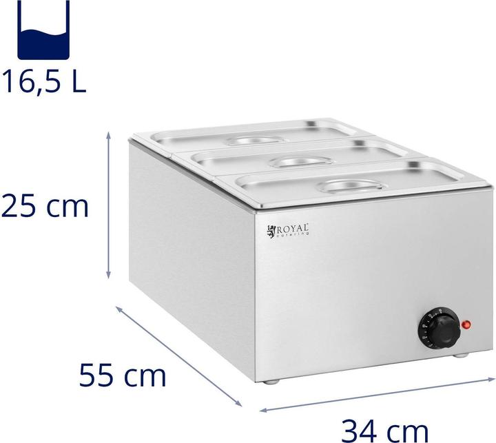 Produktbild Royal Catering Bain Marie Speisenwärmer 640 W 3 x GN 1/3 Behälter mit Deckel 30 - 80 °C 16,5 L