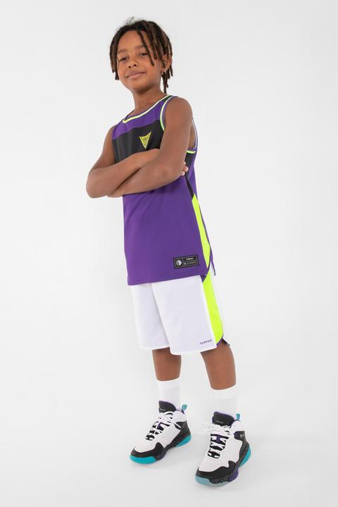 Actual product image Tarmak Kids' Intermediate Basketball Shoes SS500H - White/Black/Purple (34)