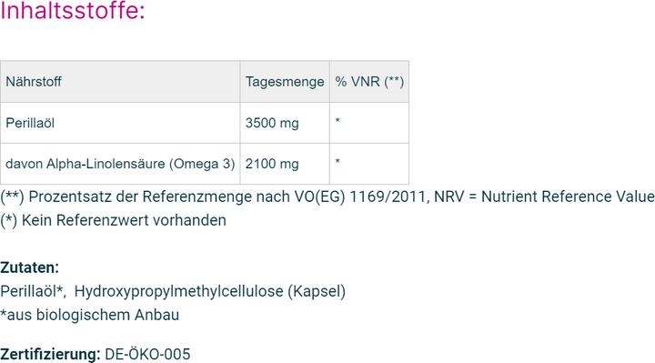 Nährwerte und Zutaten GSE Omega 3 Perilla Öl Bio Kaps (90 Stück, Kapseln, 192 g)