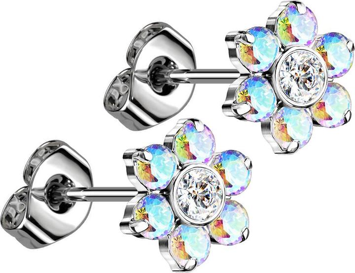 Image du produit Star Piercing Threadless clous d'oreille argent fleur cristaux multicolores (Titane G23, sans laiton)