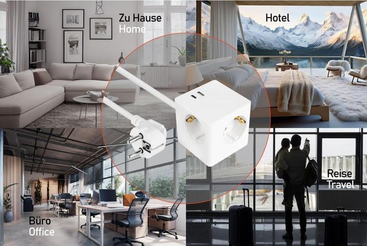 Actual product image Kabelmeister Socket cube 3-way USB-C USB-A, white, 2m (2 x, USB-A, USB-C, 2 m)