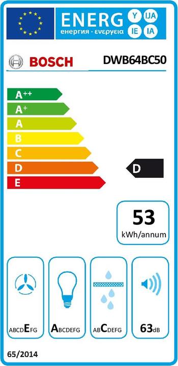 Etichetta energetica Bosch Hausgeräte Serie 2 DWB64BC50 cappa aspirante a parete in acciaio inox ³/h D (Cappuccio)