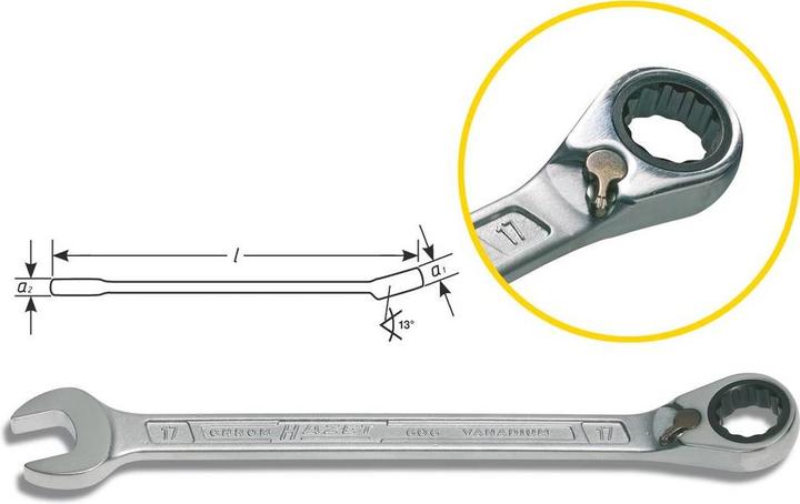 Immagine prodotto HAZET Chiave combinata a forchetta/ad anello con cricchetto 606-15 ∙ Profilo trazione doppio esagon… (15 mm)