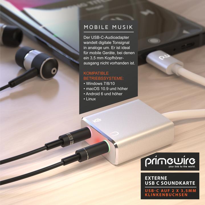 Produktbild Primewire USB C Soundkarte extern, Virtual 7.1 Surround, Stereo Audio / Kopfhörer Adapter, DA Wandler, DAC (USB-C)