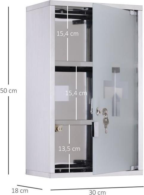 Actual product image Swisshandel24 Medicine cabinet First aid cabinet with lock Stainless steel 30 x 18 x 50 cm (30 x 18 x 50 cm)