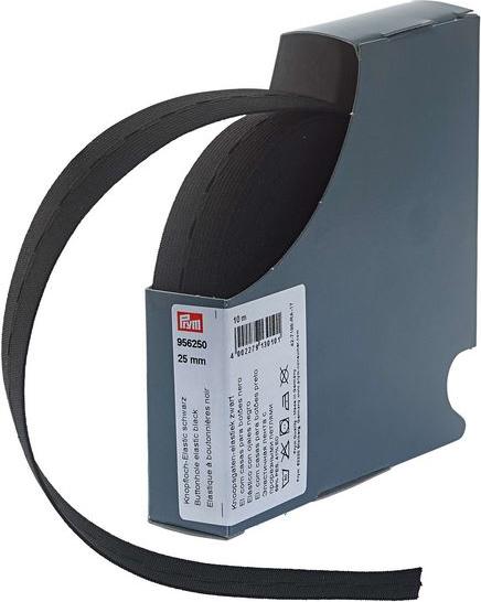 Actual product image Prym Buttonhole elastic knitted tape, black 25 mm, cassette 10 m