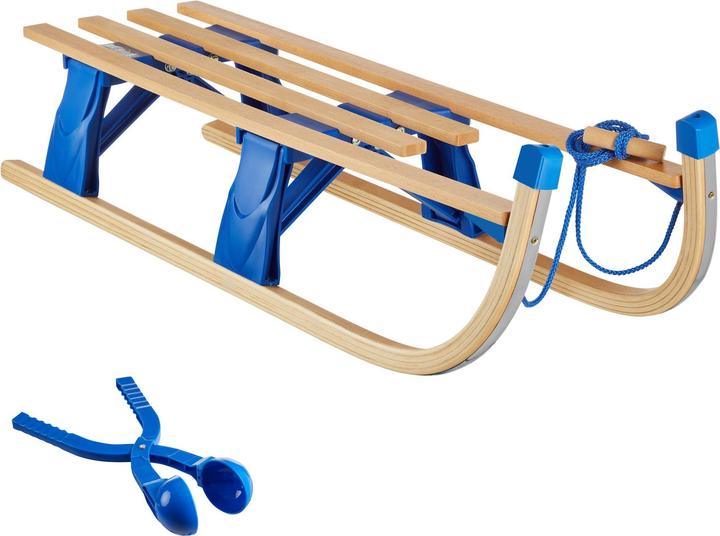 tectake Holzschlitten Jeffrey, klappbar mit Zugseil, Schneeballzange