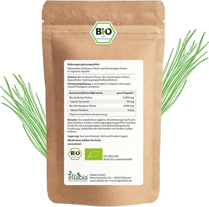 Produktbild Eltabia Bio Kurkuma Gerstengras Kapseln | 100% rein ohne Zusätze (200 Stück, Kapseln, 100 g)
