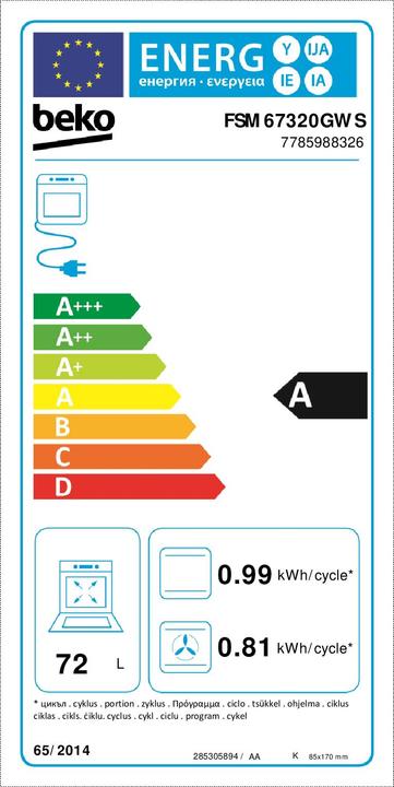 Energie-Label Beko FSM 67320 GWS ws Standherd 60cm Ceran A 8 Heizarten Uhr